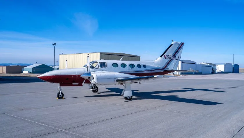 Exterior view of a 1984 Cessna 421C SN 1408, N659RJ.