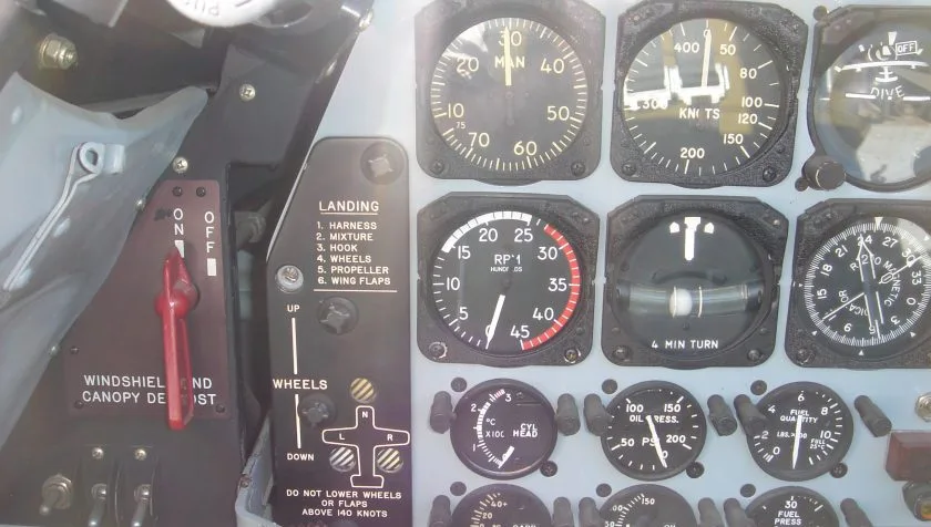 Cockpit and instrument panel of a North American T-28C 140536.