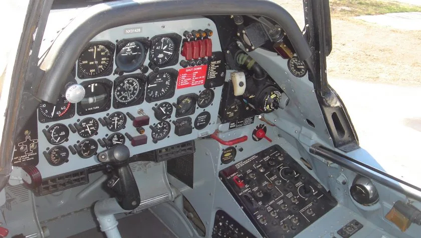 Cockpit and instrument panel of a North American T-28C 140536.