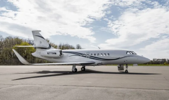 Exterior view of a Dassault Falcon 2000LXS, N771HM.
