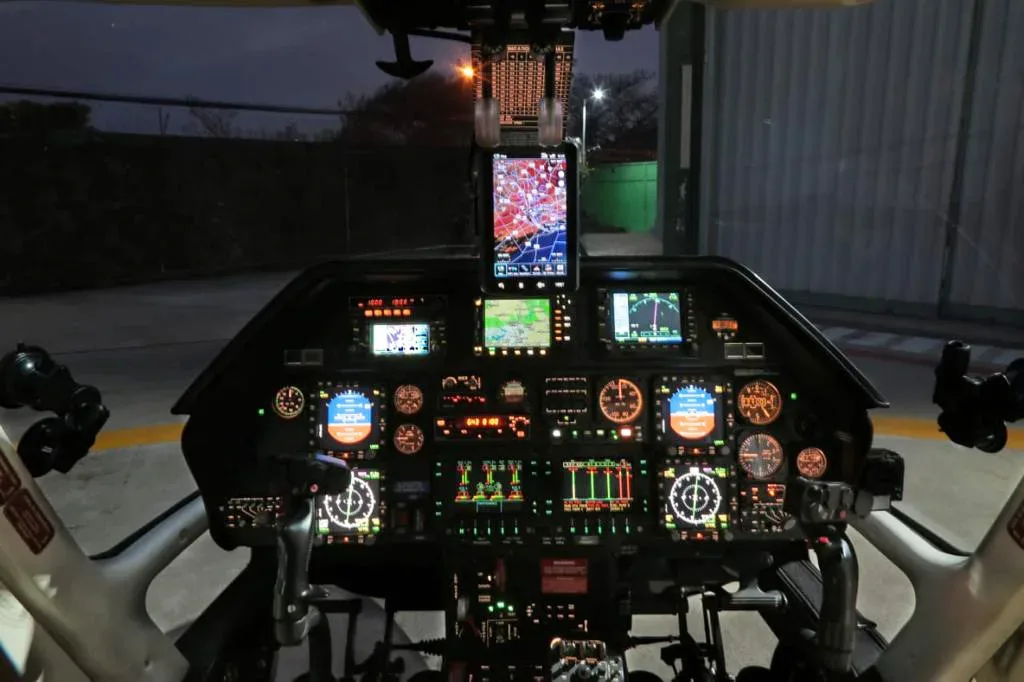 Cockpit and instrument panel of a 2009 Agusta Westland A109S Grand.