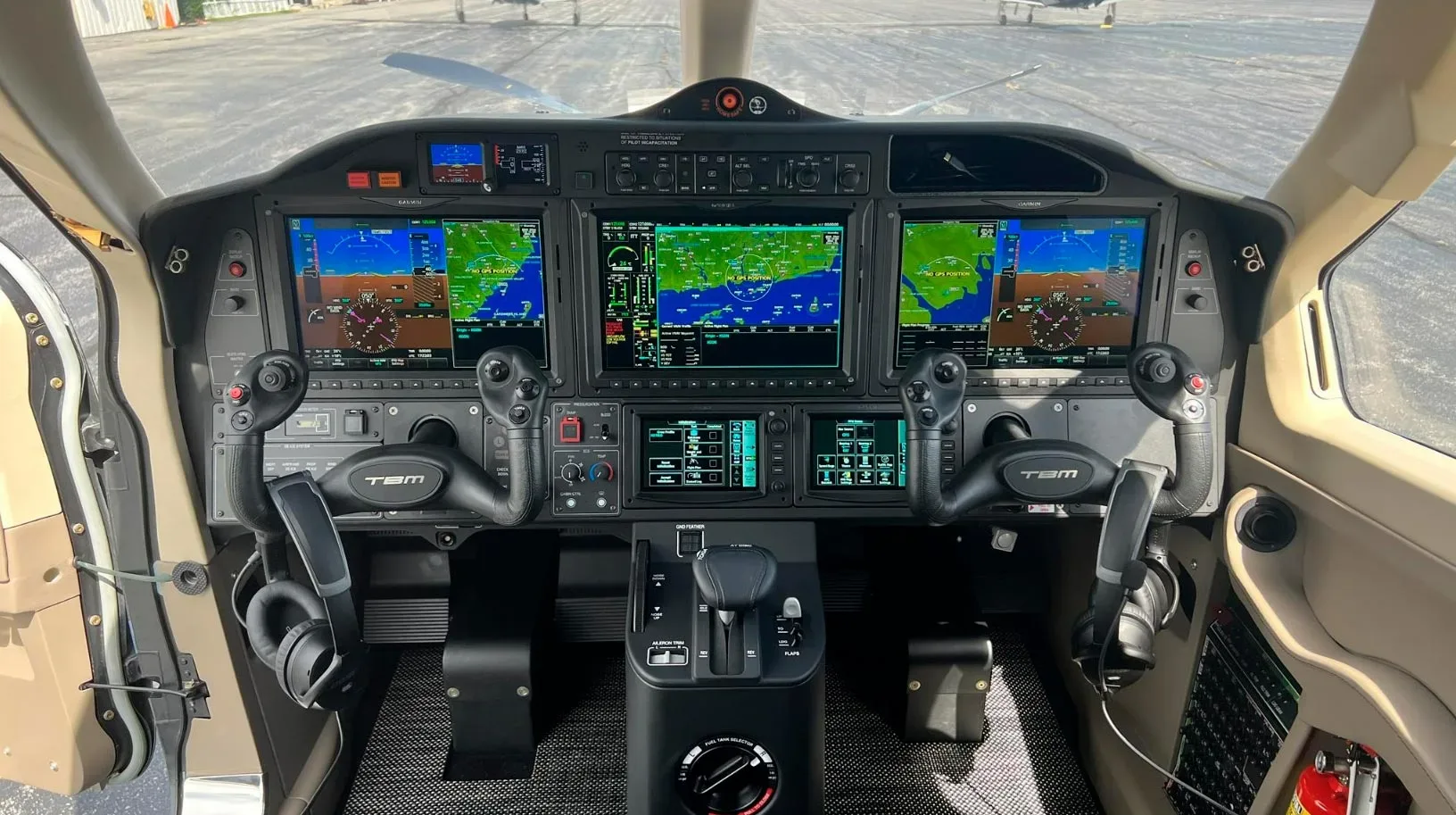 Cockpit and instrument panel of a 2023 Daher TBM 960.