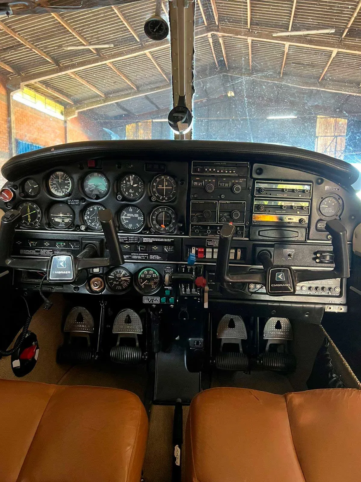 Cockpit and instrument panel of a 1980 Embraer EMB 711T Corisco.