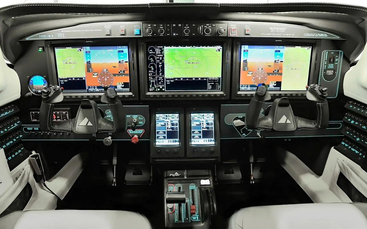 Cockpit and instrument panel of a 2020 Piper M600 SLS.
