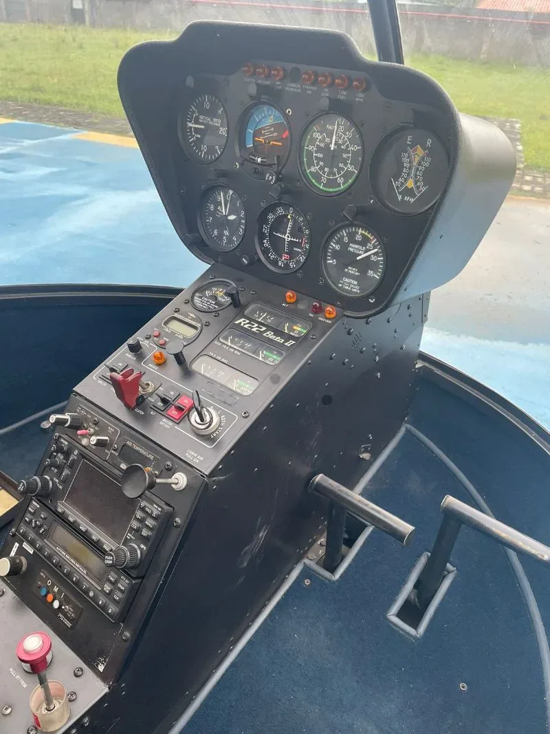 Cockpit and instrument panel of a 2012 Robinson R22 Beta II.
