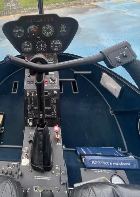 Cockpit and instrument panel of a 2012 Robinson R22 Beta II.