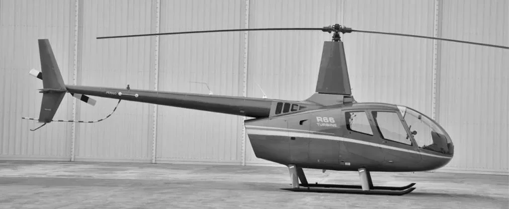 Exterior view of a 2012 Robinson R66 Turbine.