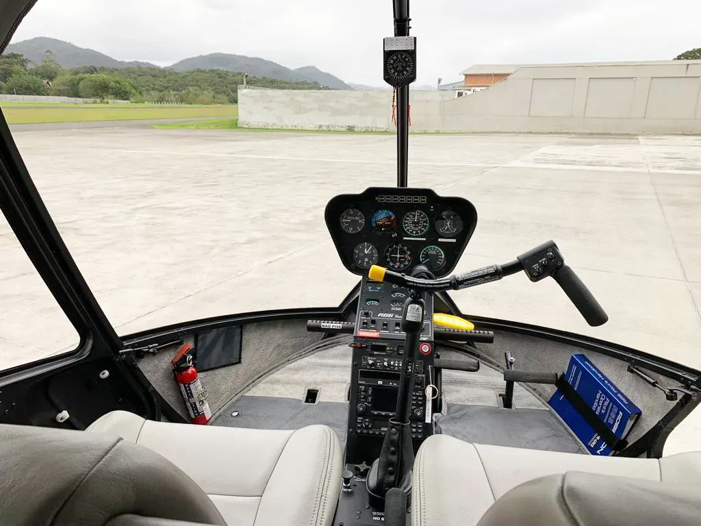 Cockpit and instrument panel of a 2012 Robinson R66 Turbine.