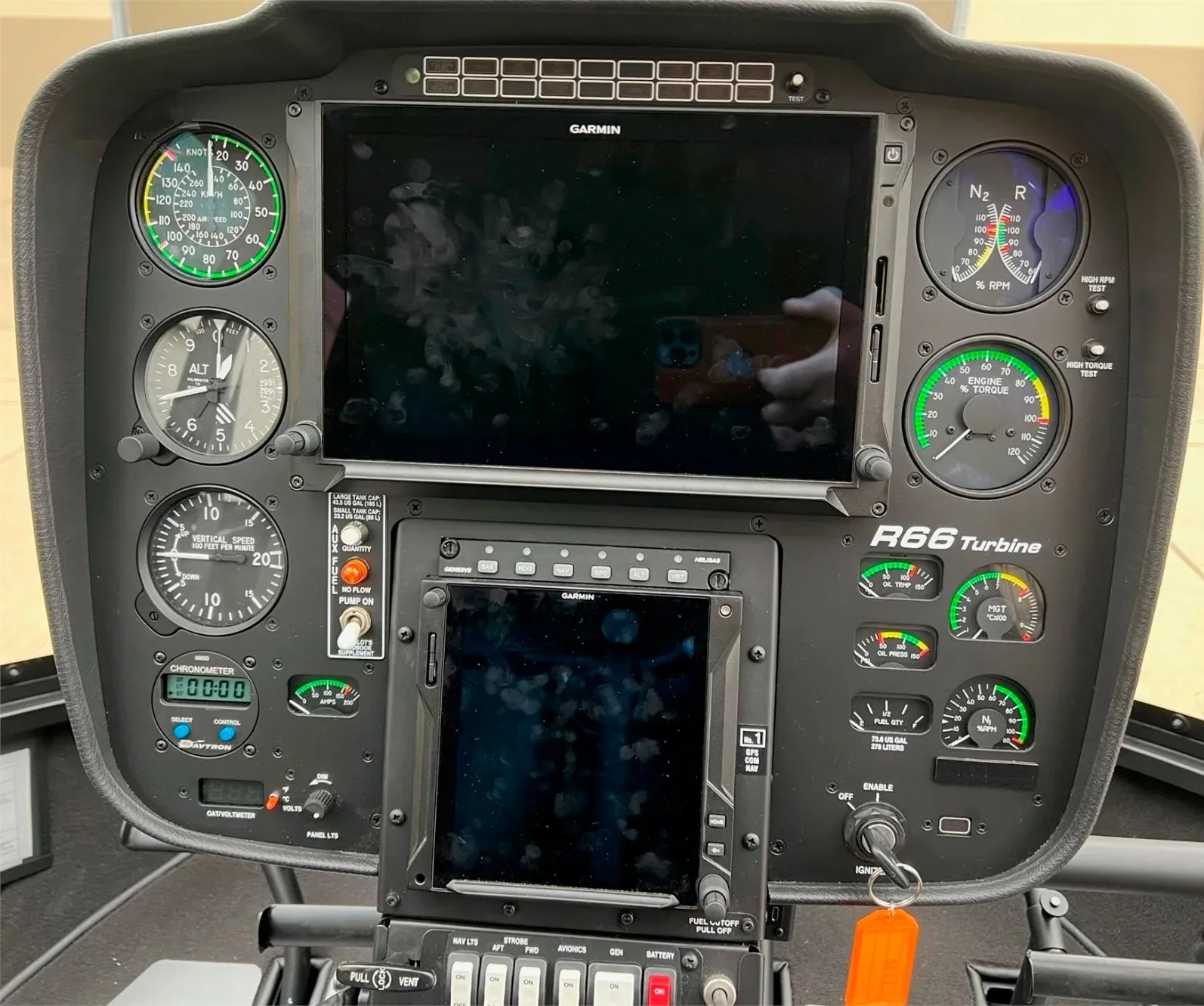 Cockpit and instrument panel of a 2022 Robinson R66 Turbine.