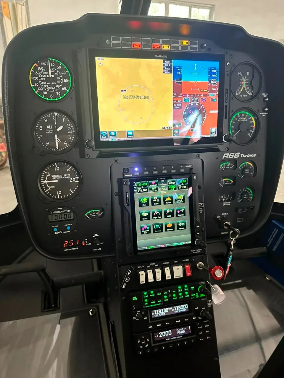 Cockpit and instrument panel of a 2023 Robinson R66 Turbine.