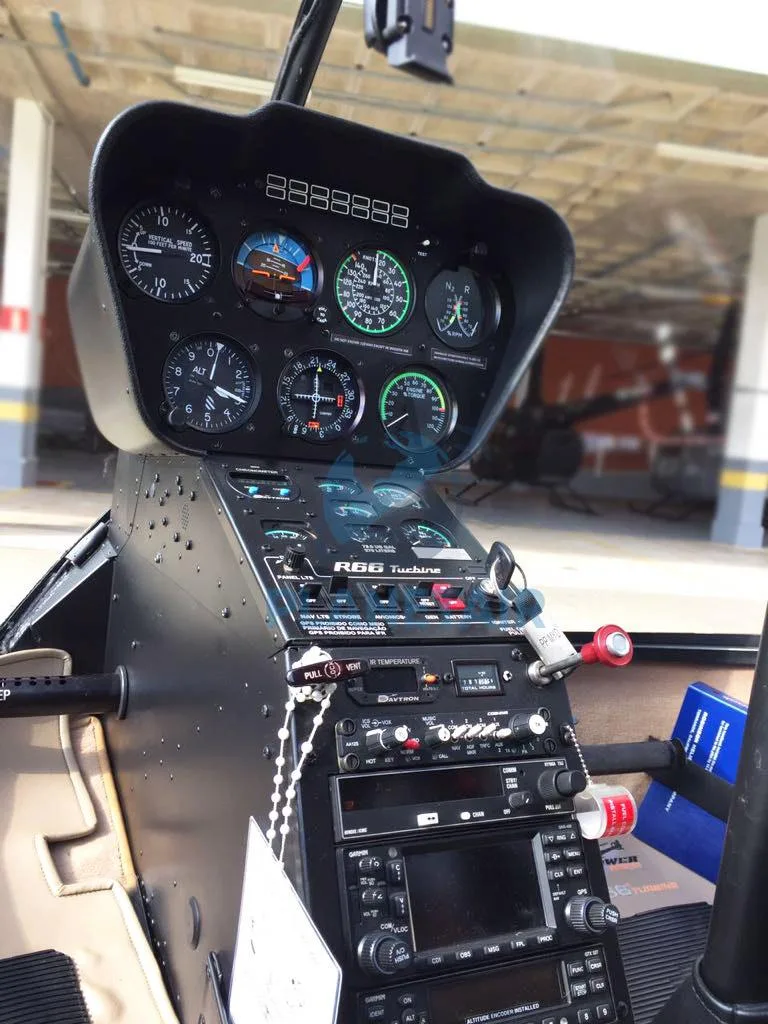 Cockpit and instrument panel of a 2013 Robinson R66 Turbine.