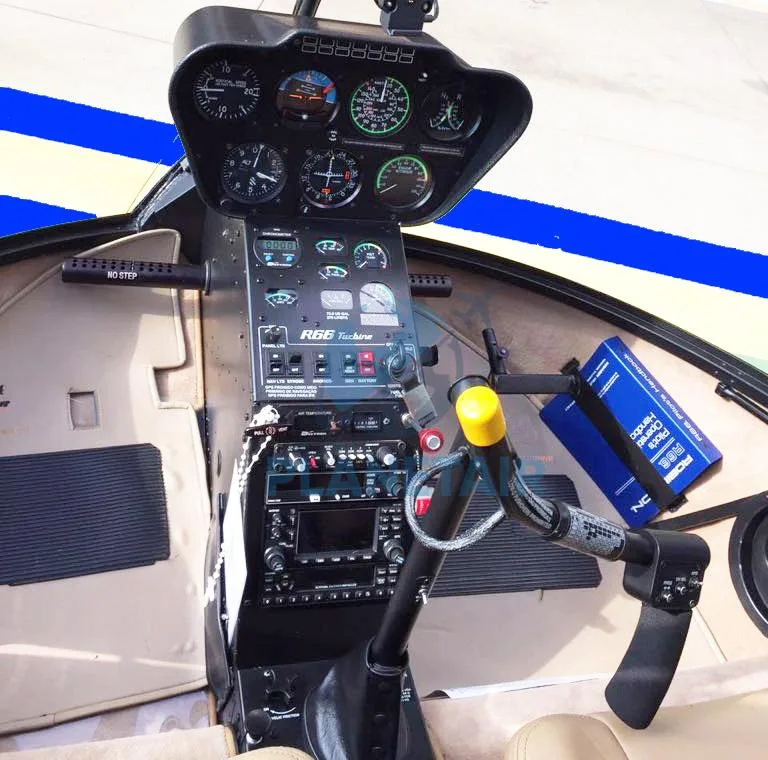 Cockpit and instrument panel of a 2013 Robinson R66 Turbine.