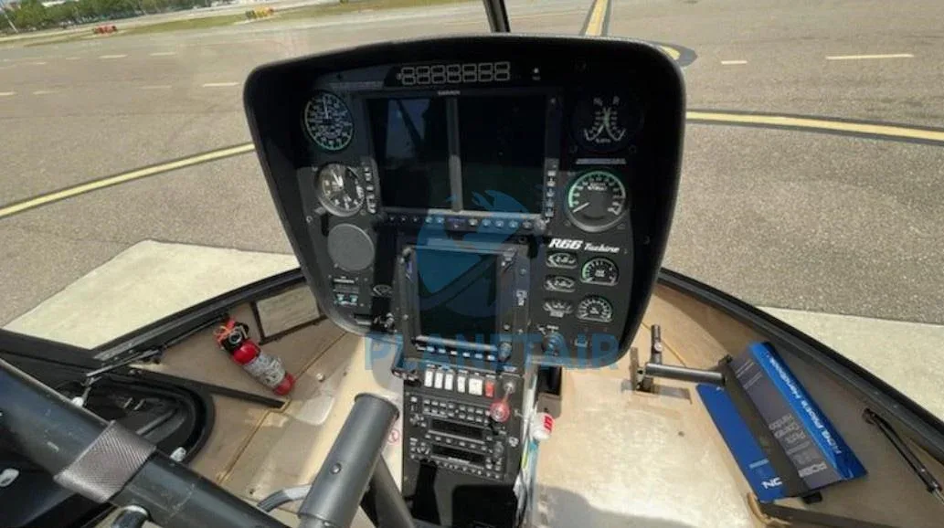 Cockpit and instrument panel of a 2015 Robinson R66 Turbine.