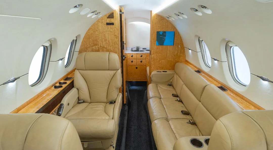 Cabin interior of a 2008 Hawker 900XP.