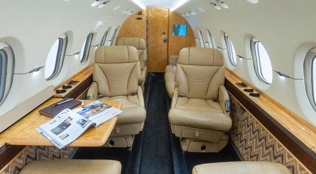 Cabin interior of a 2008 Hawker 900XP.