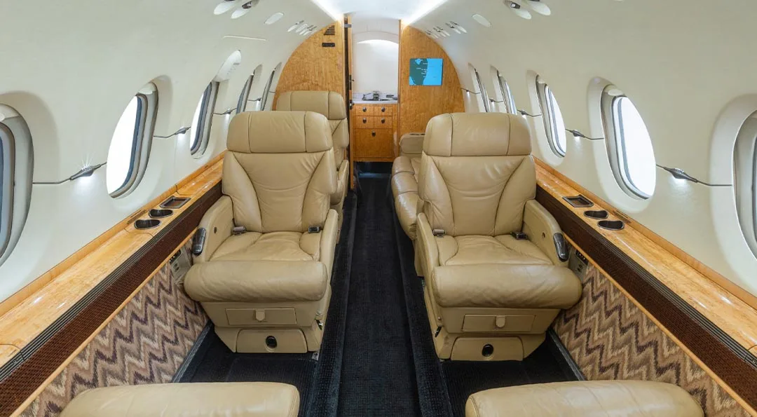 Cabin interior of a 2008 Hawker 900XP.