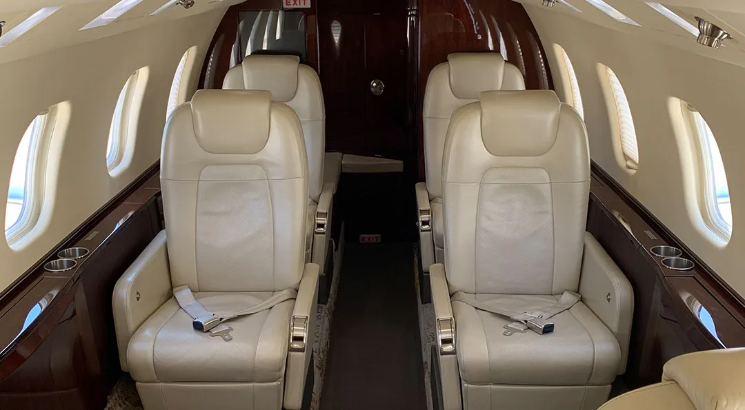 Cabin interior of a 2012 Bombardier Learjet 60XR.