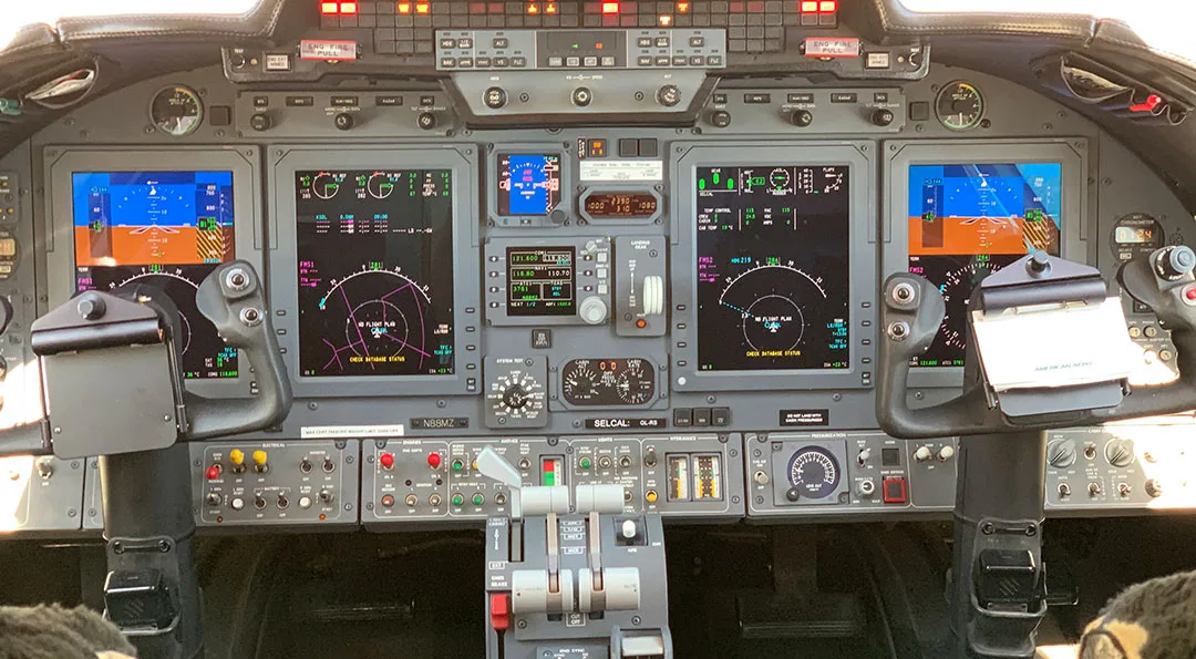 Cockpit and instrument panel of a 2012 Bombardier Learjet 60XR.