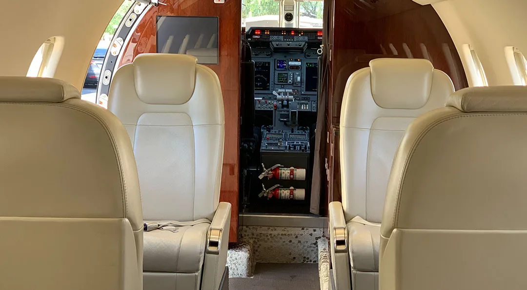 Cabin interior of a 2012 Bombardier Learjet 60XR.