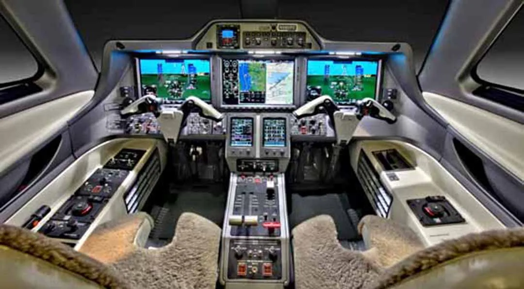 Cockpit and instrument panel of a 2014 Embraer PHENOM 300.