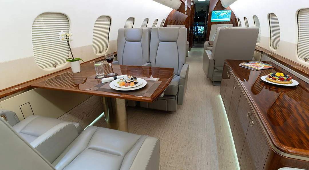 Cabin interior of a 2015 Bombardier GLOBAL 5000.