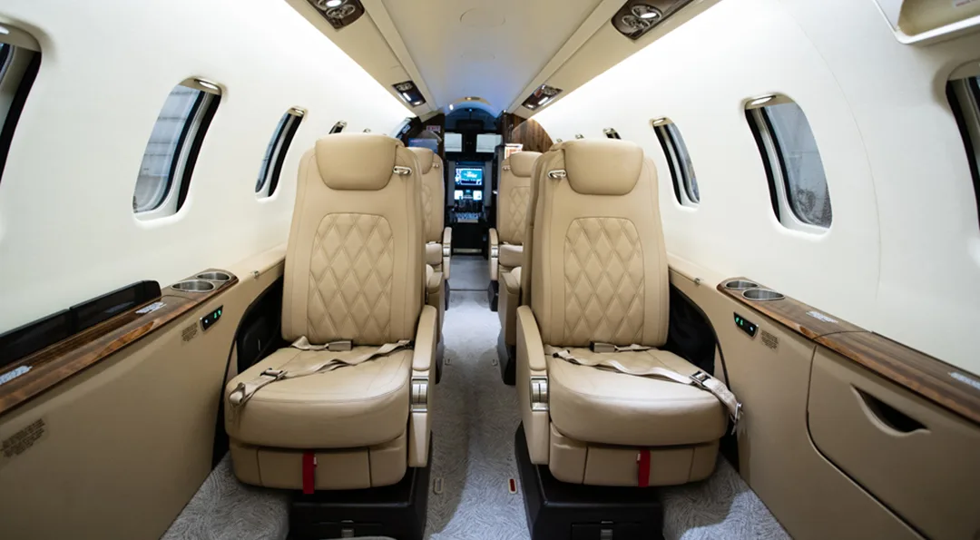 Cabin interior of a 2017 Learjet 75.