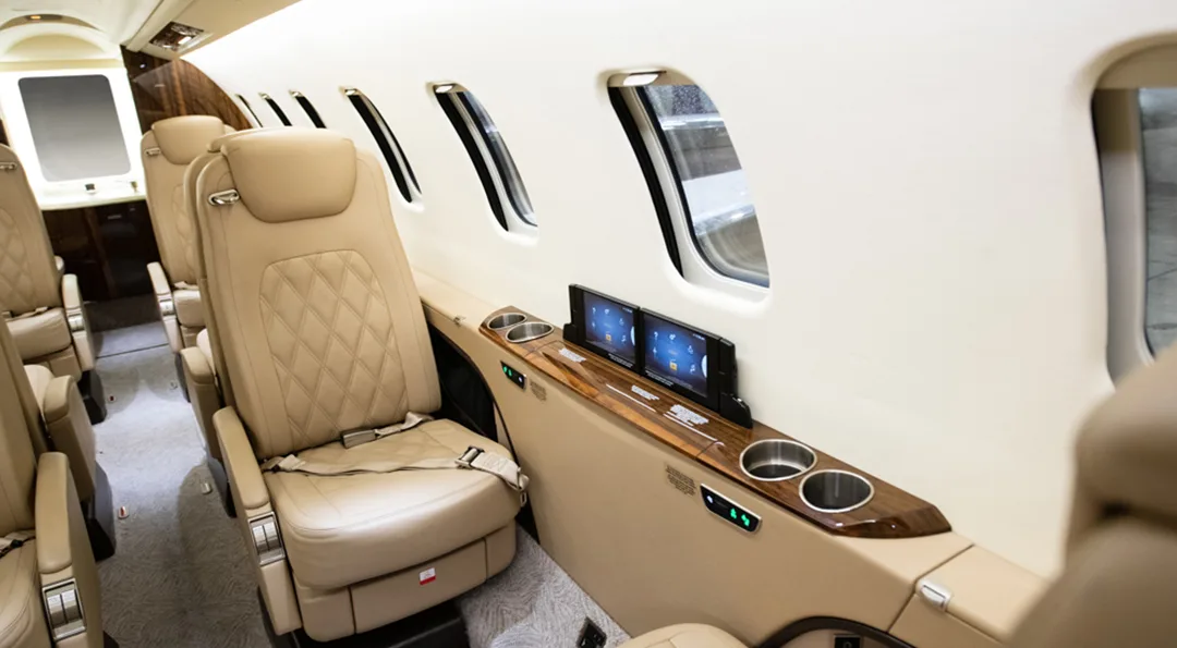 Cabin interior of a 2017 Learjet 75.