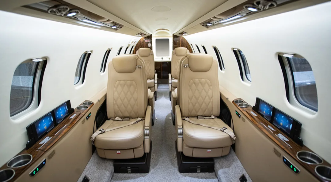 Cabin interior of a 2017 Learjet 75.
