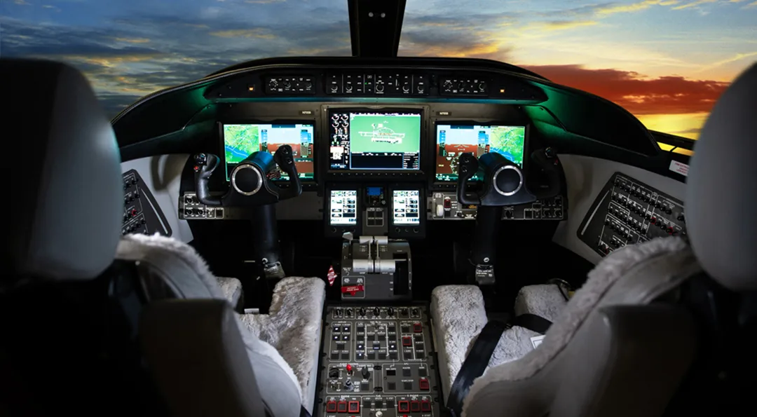 Cockpit and instrument panel of a 2017 Learjet 75.