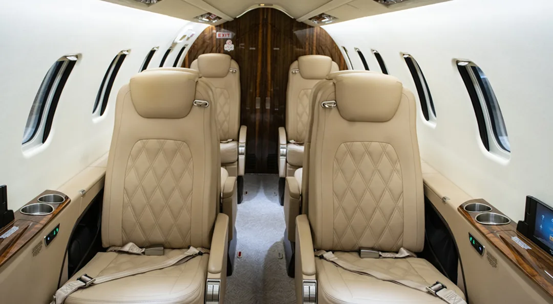 Cabin interior of a 2017 Learjet 75.
