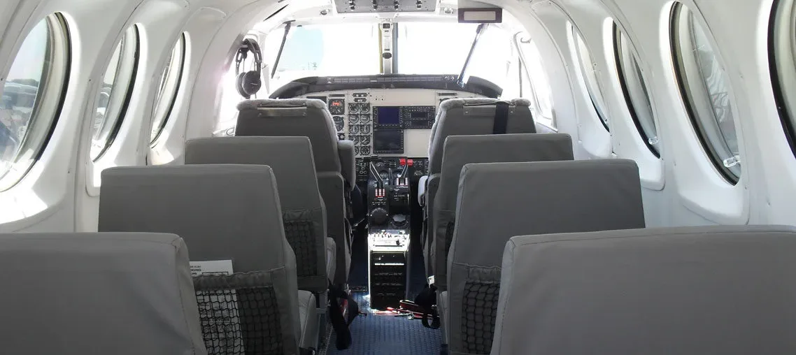 Cabin interior of a 1976 Beechcraft king air b100 National flight - 10's.