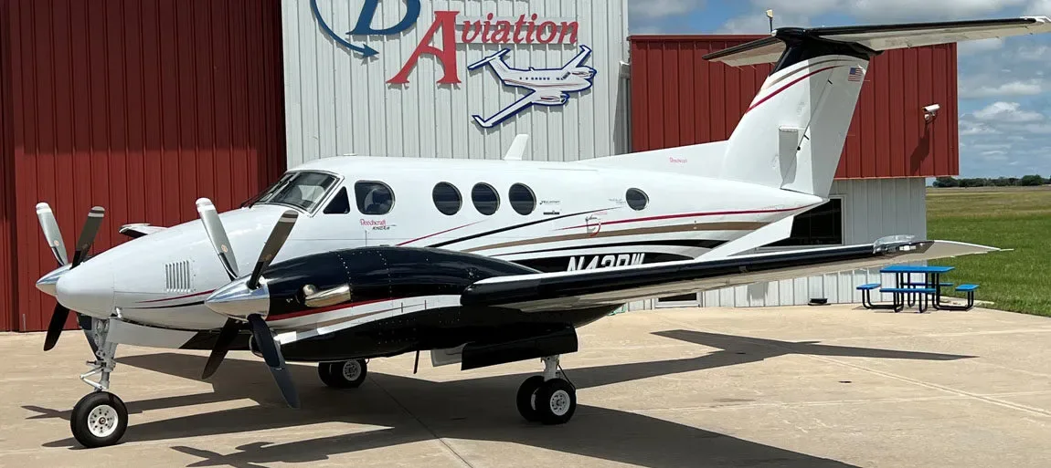 Exterior view of a 1983 Beechcraft King Air F90-1 Blackhawk -135A’s Garmin G600 Raisbeck.