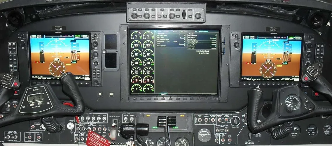 Avionics suite of a 2002 Beechcraft King Air B200 Blackhawk -52A’s Garmin G1000 NXI Raisbeck Swept Tip Props.