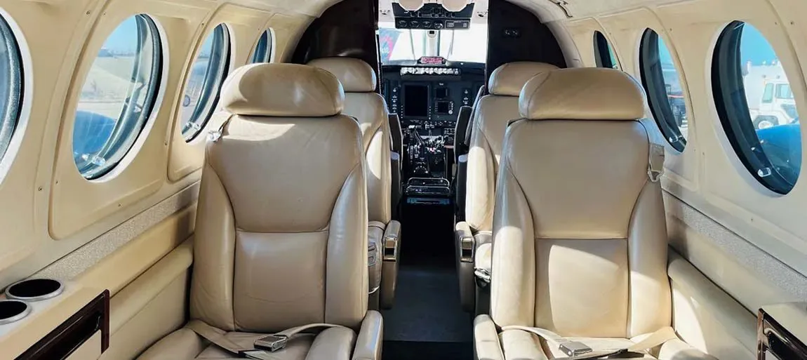 Cabin interior of a 2005 Beechcraft King Air B200 -42’s Garmin G1000 NXI Raisbeck.