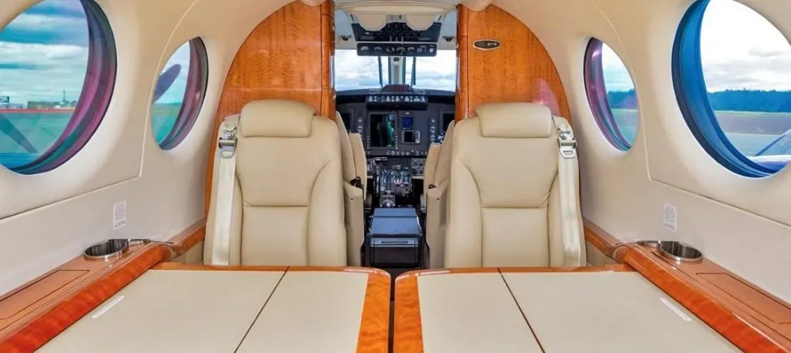 Cabin interior of a 2013 Beechcraft King Air 350i New Blackhawk XP67A’s New MT 5 Bladed Props Collins Pro-Line 21.