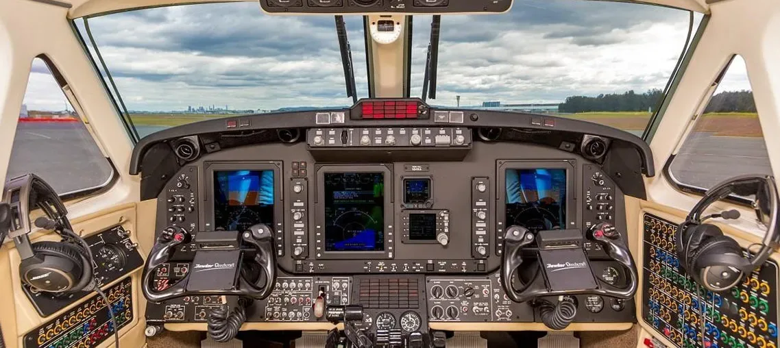 Cockpit and instrument panel of a 2013 Beechcraft King Air 350i New Blackhawk XP67A’s New MT 5 Bladed Props Collins Pro-Line 21.