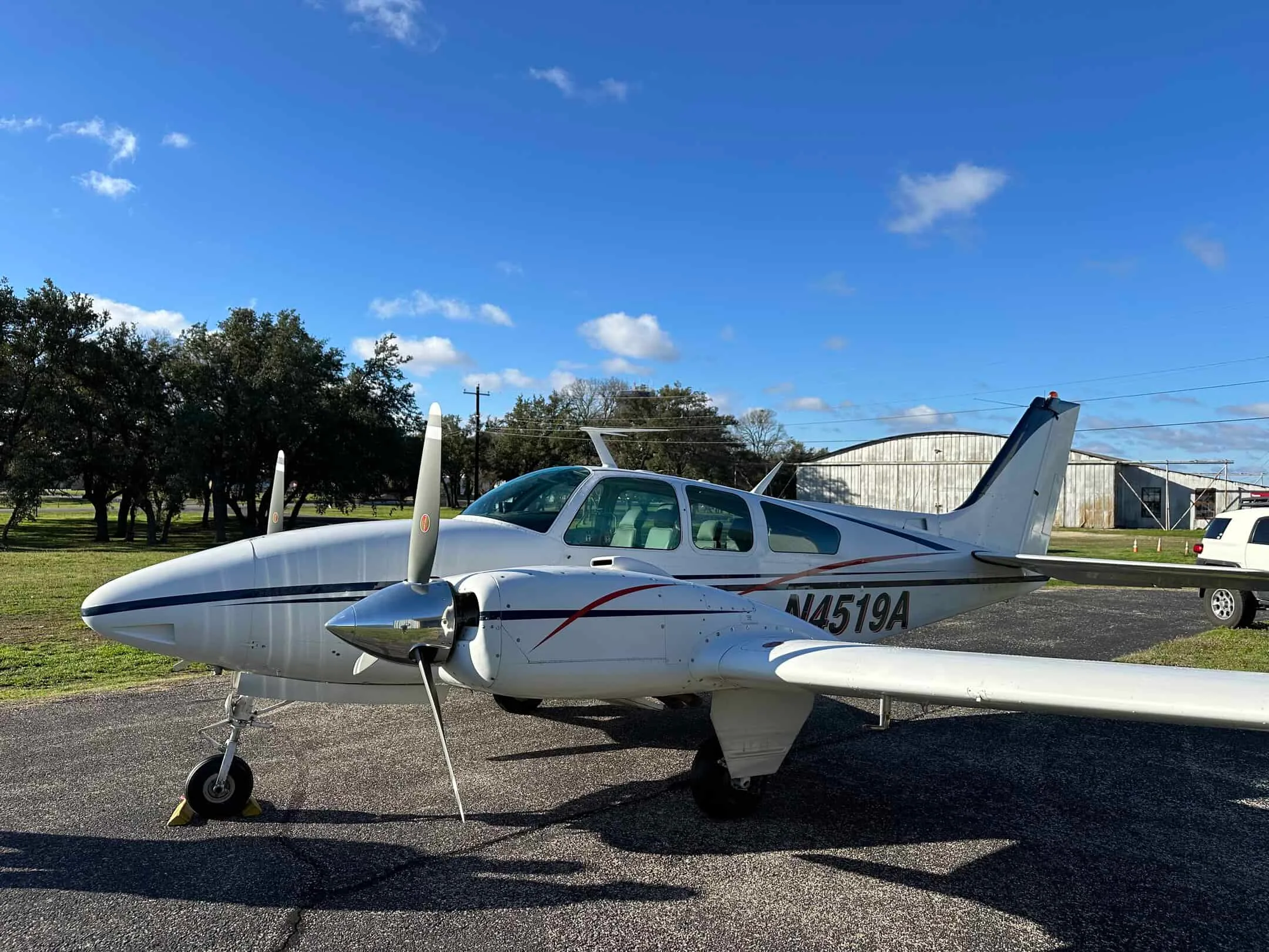 Exterior view of a 1970 Beechcraft E-55 Baron.