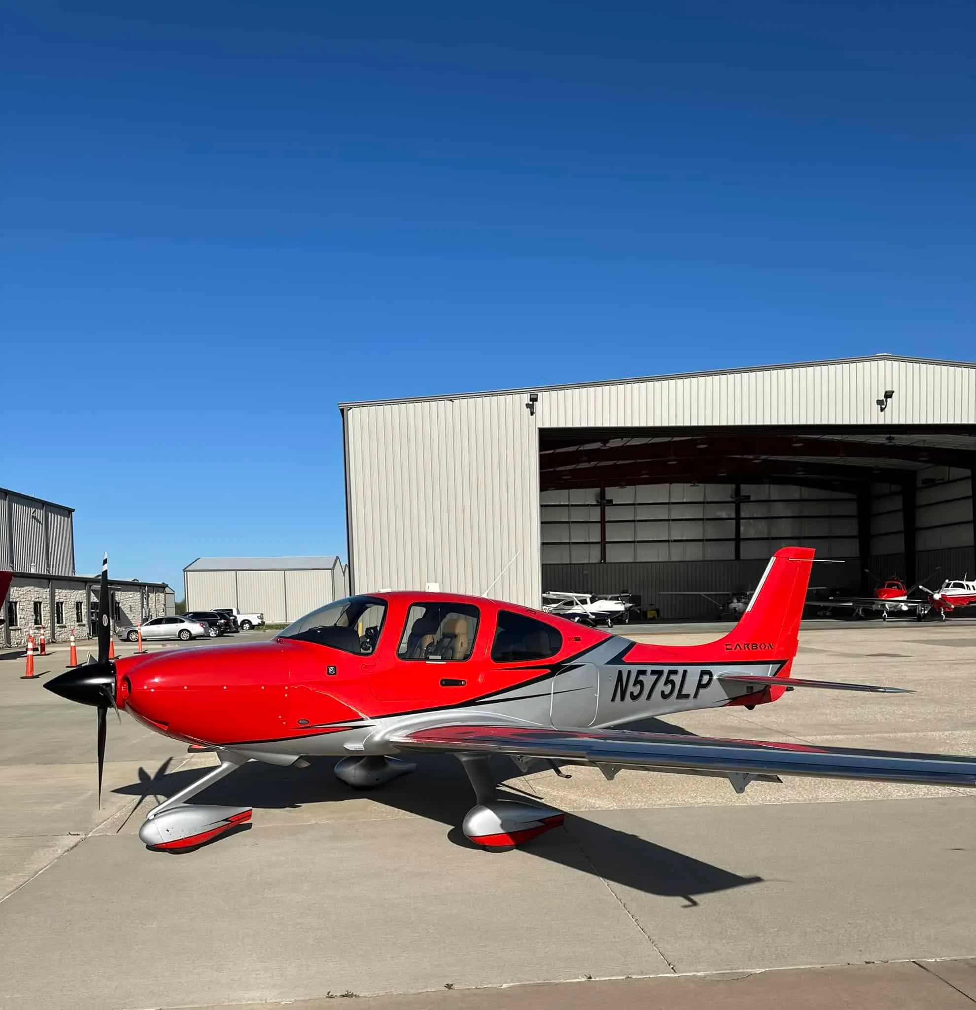 Exterior view of a 2023 Cirrus SR22T G6 GTS, N575LP.