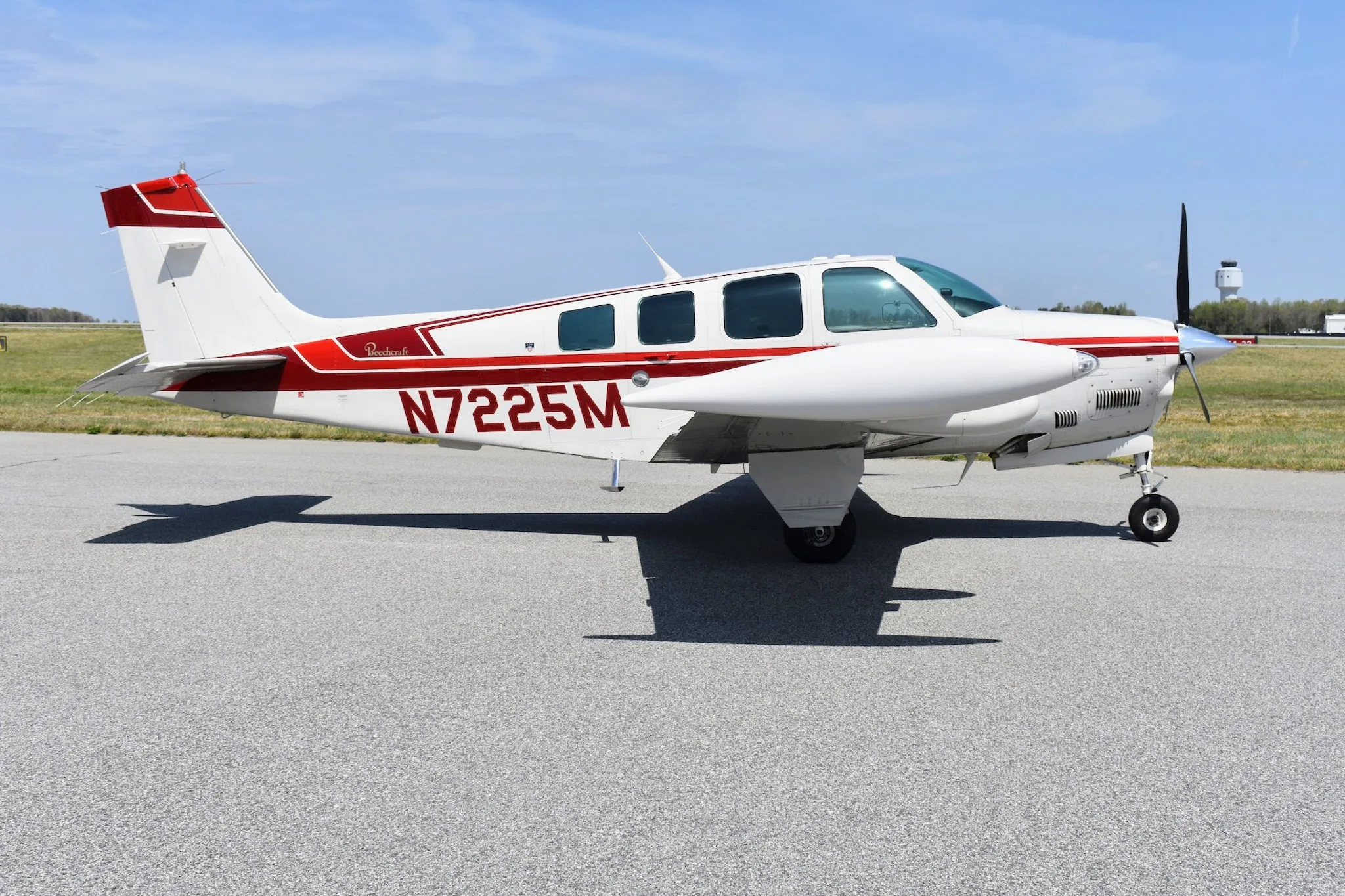 Exterior view of a 1985 Beechcraft N7225M 1985 Turbo-Normalized A36 Bonanza.