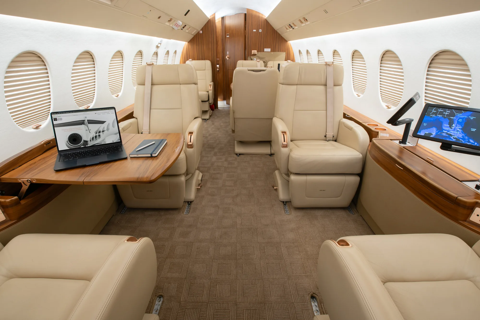 Cabin interior of a 2011 Dassault Falcon 2000LX SN229.