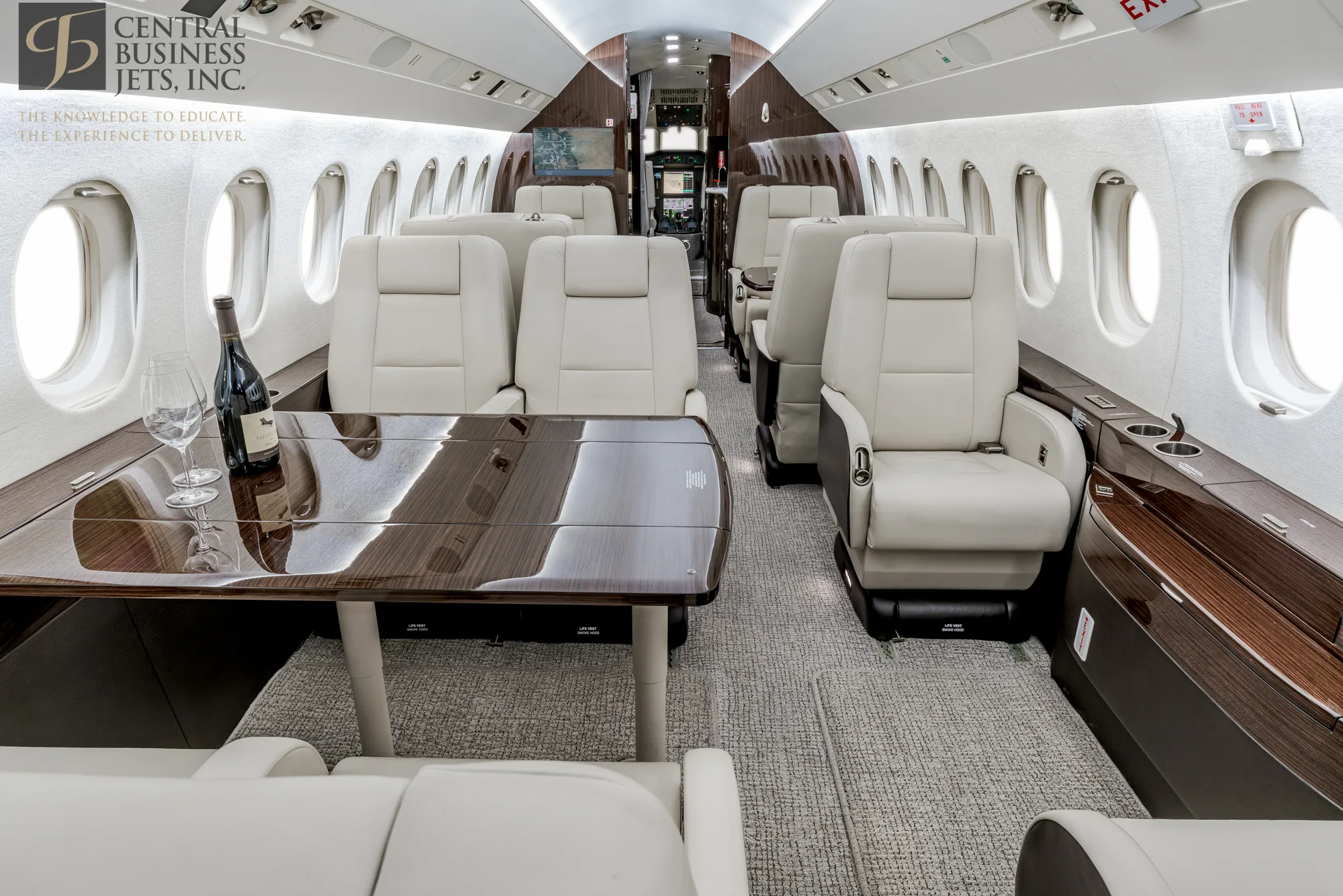 Cabin interior of a 2005 Dassault Falcon 2000LX SN64.