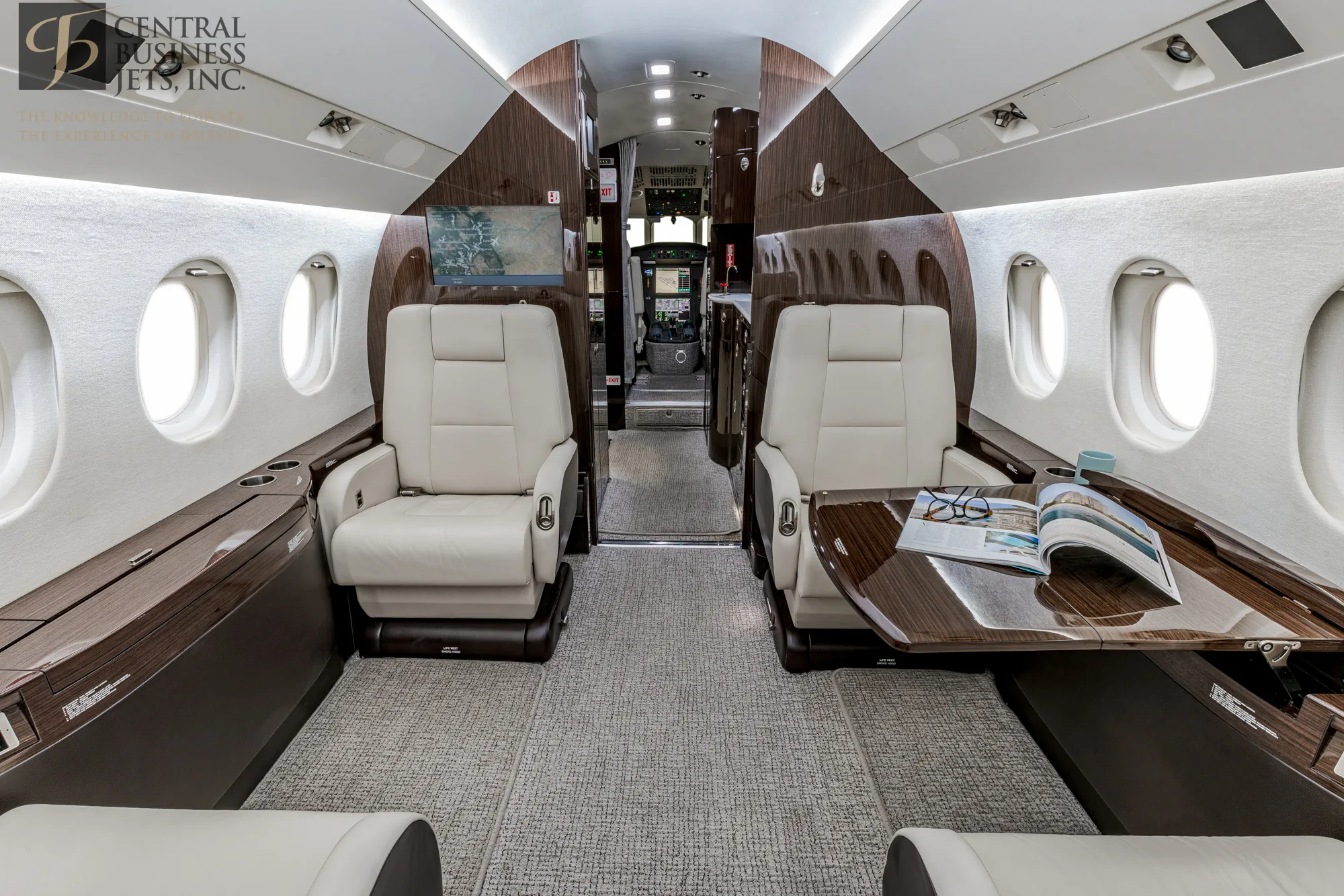 Cabin interior of a 2005 Dassault Falcon 2000LX SN64.