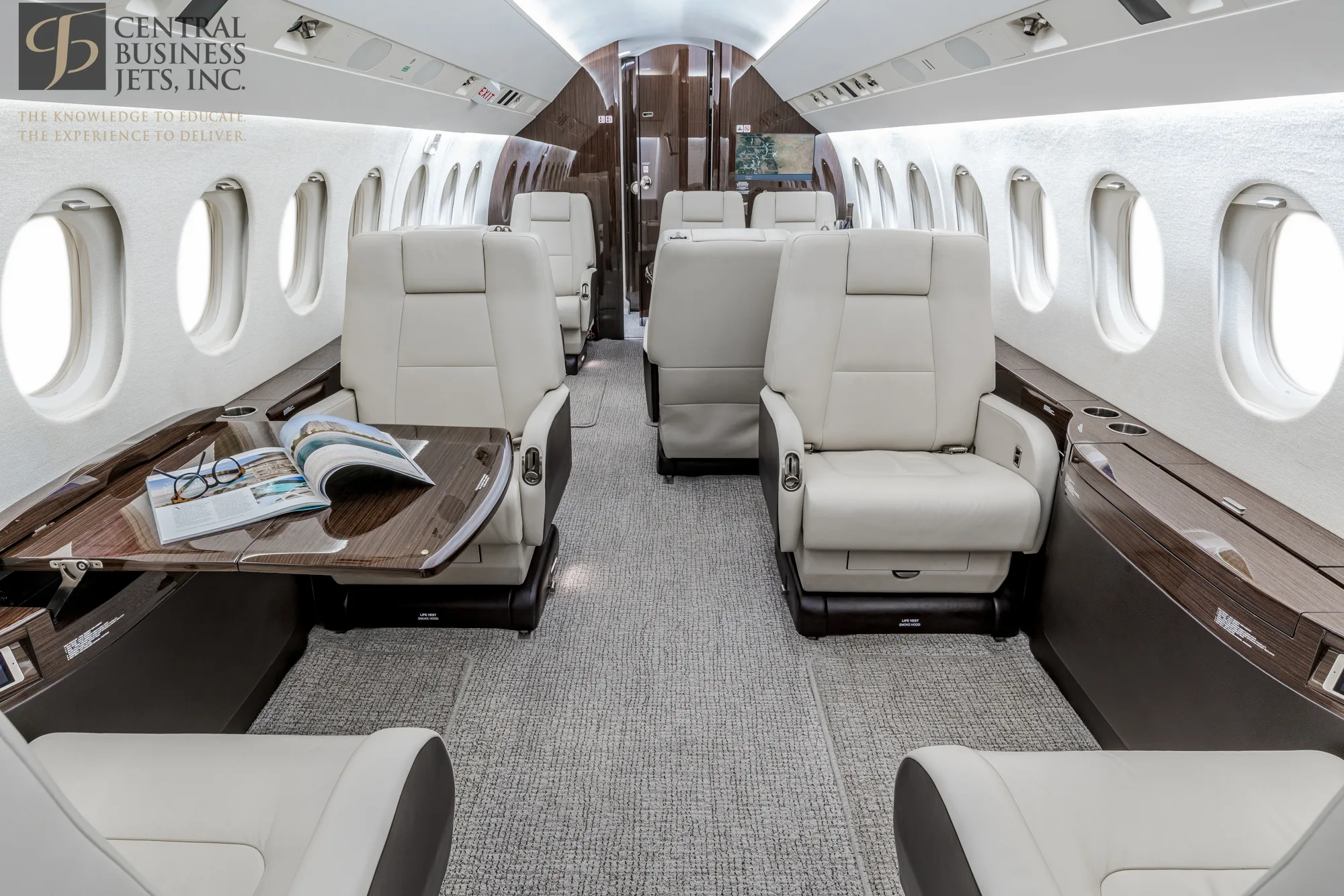 Cabin interior of a 2005 Dassault Falcon 2000LX SN64.