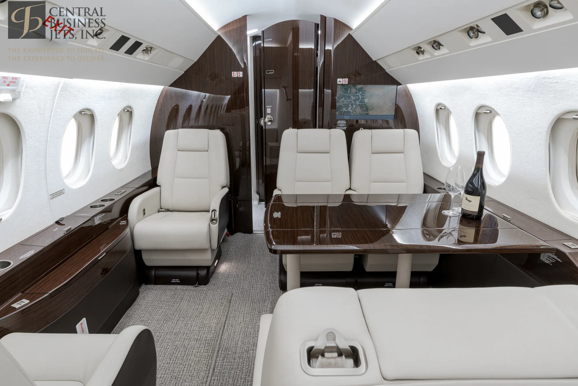 Cabin interior of a 2005 Dassault Falcon 2000LX SN64.