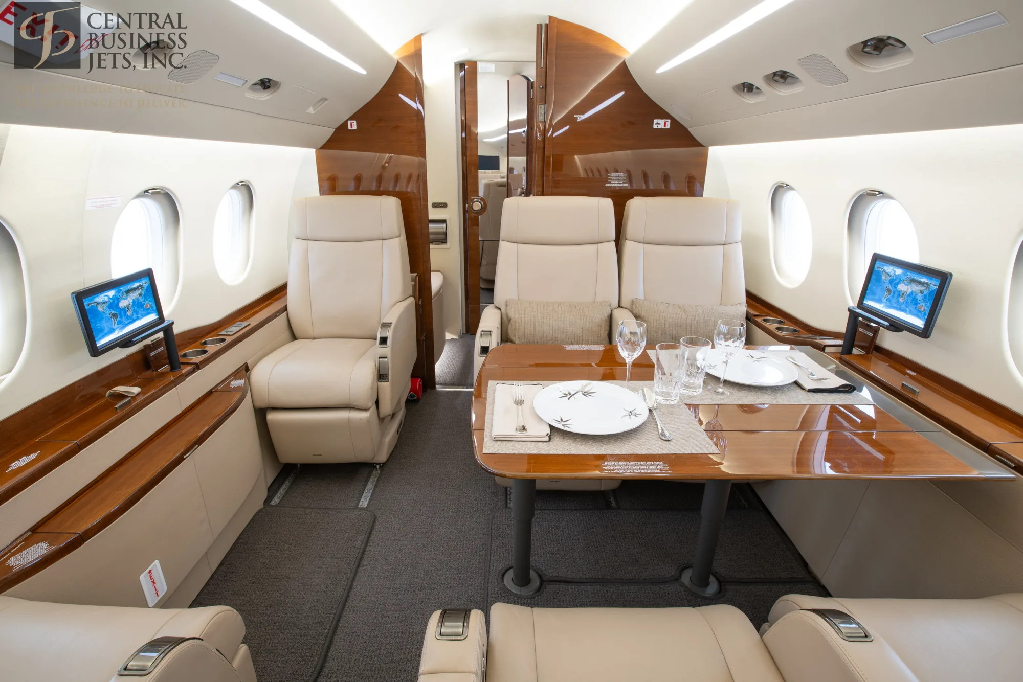 Cabin interior of a 2013 Dassault Falcon 2000S.