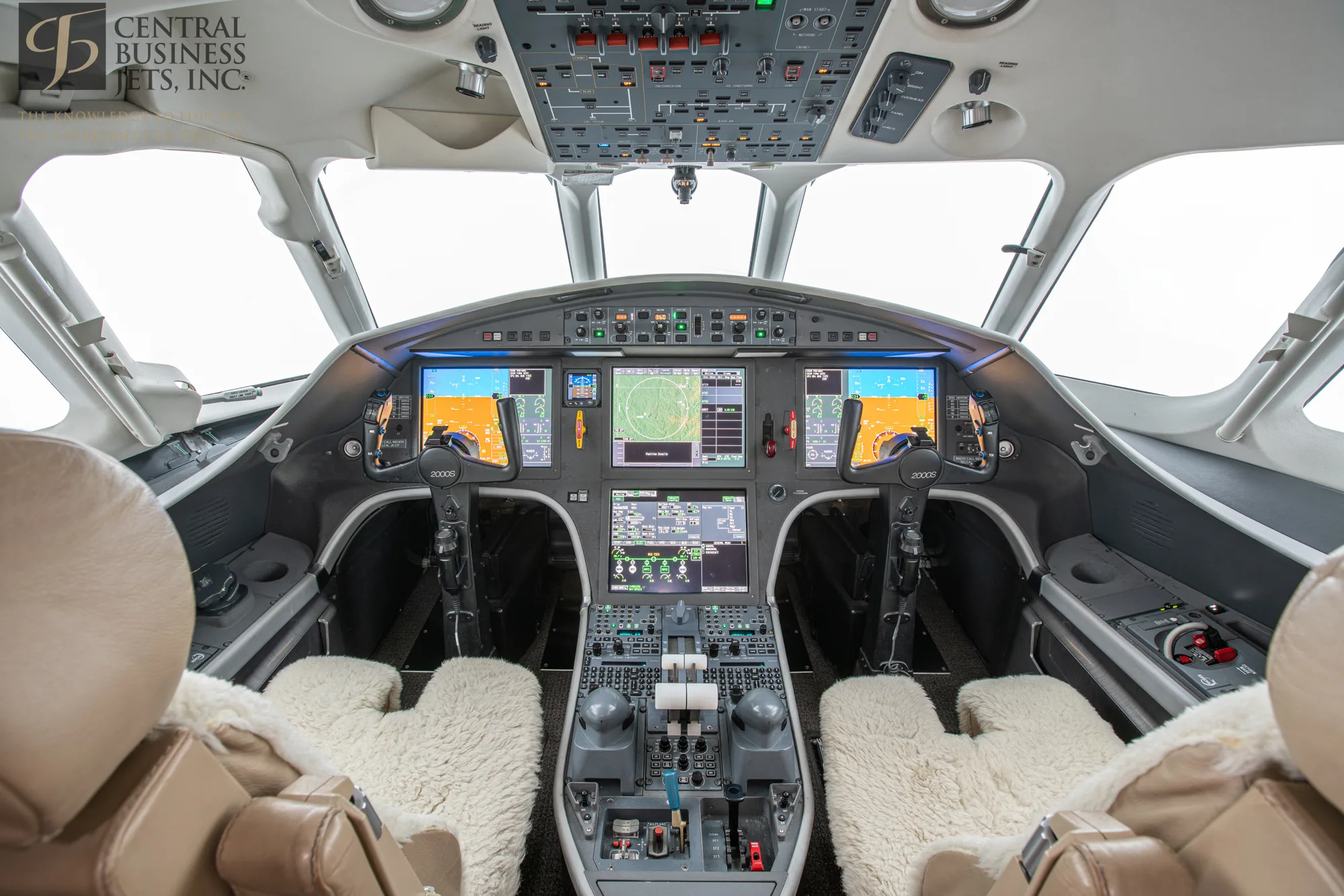 Cockpit and instrument panel of a 2013 Dassault Falcon 2000S.