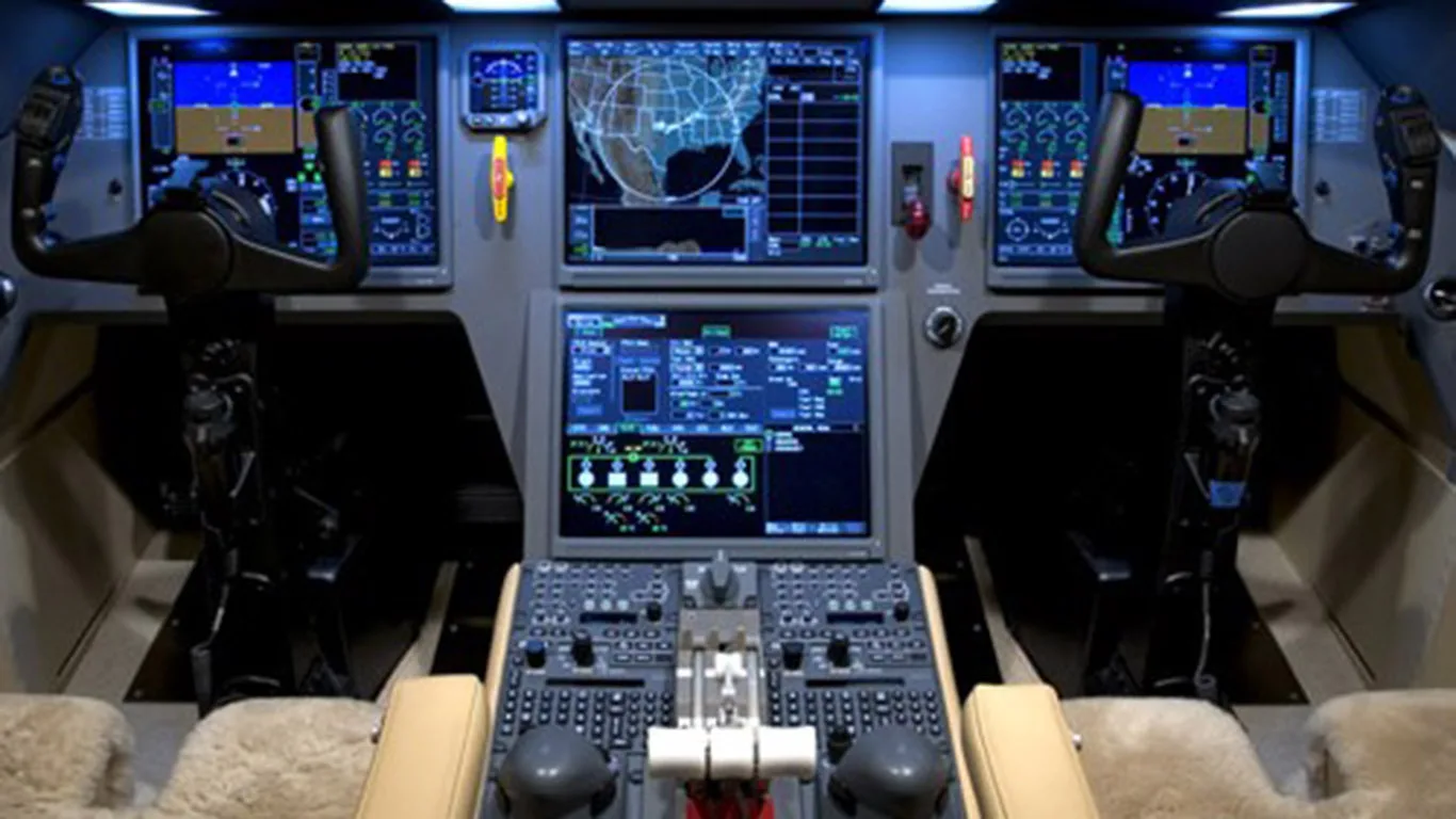 Cockpit and instrument panel of a 2011 Dassault Falcon 900EXy SN238.