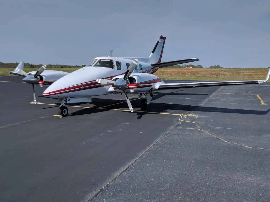 Exterior view of a 1970 Beech Duke, N311AN.
