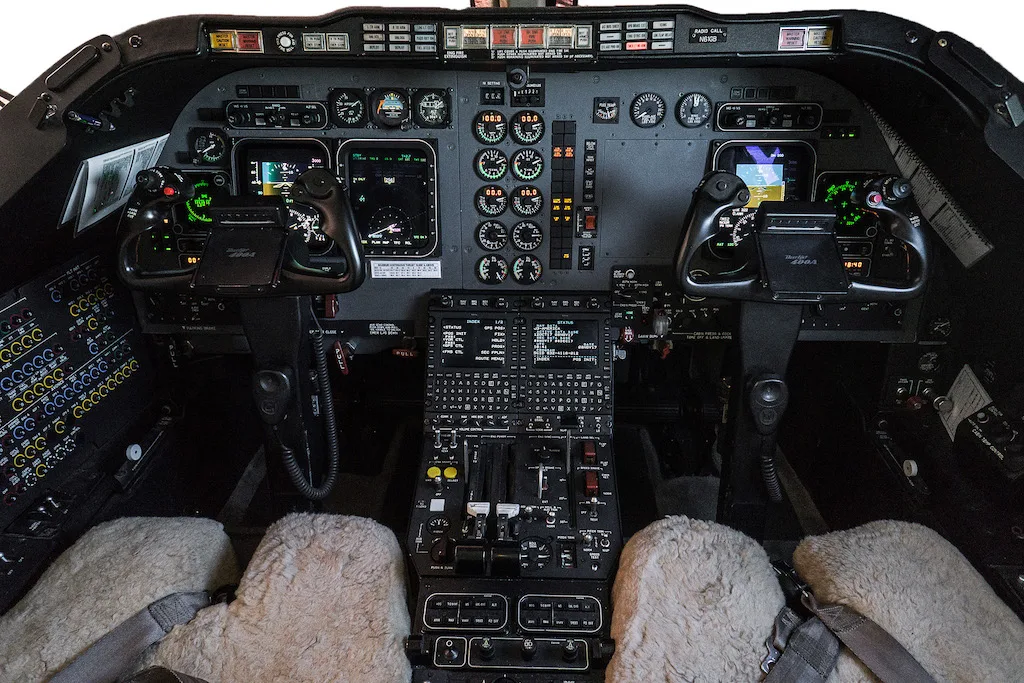 Cockpit and instrument panel of a 2002 Beechjet 400A.