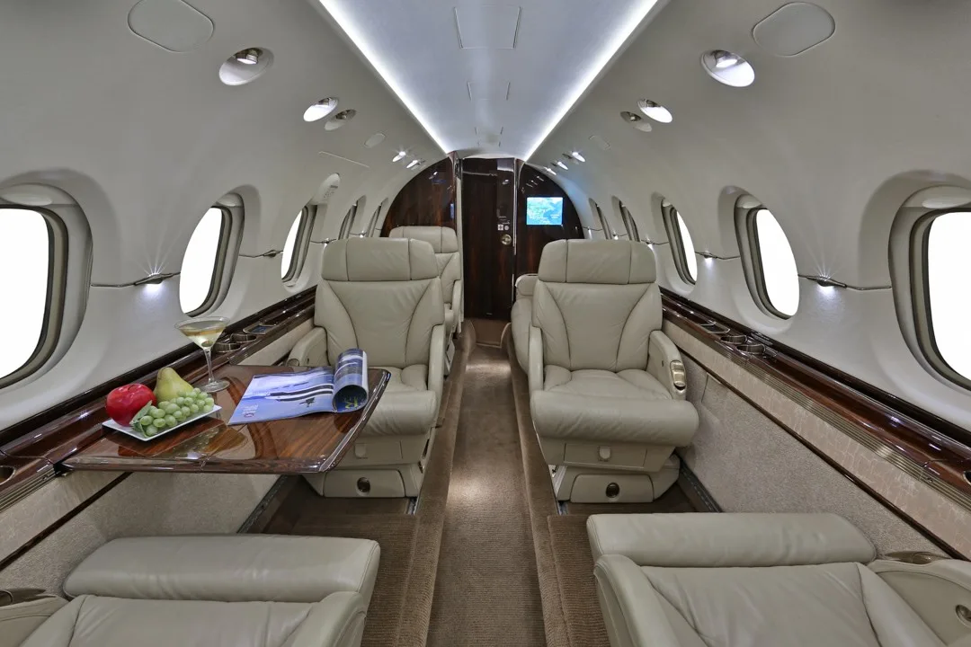 Cabin interior of a 2008 Hawker 850XP.